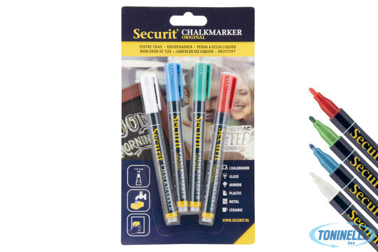 Securit Set 4 Pennarelli A Gesso Liquido, Punta Fine 1-2 Mm, Colori Base (