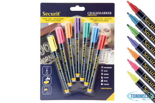 Securit Set 7 Pennarelli A Gesso Liquido, Punta Fine 1-2 Mm, Colori Assortiti B
