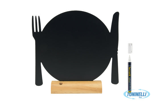 Securit  Lavagna Da Tavolo A Forma Di Piatto Con Posate, Base In Legno Cm 24X25,