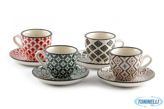 Import Tavola Mosaik-Confezione 4 Tazze Caffe Con Piatto Cl.9 Decori Assortiti