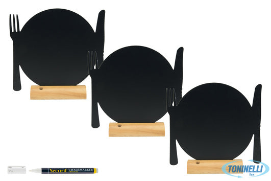 Securit  Set Da 3 Lavagnette Da Tavolo A Forma Di Piatto Con Posate, Base In Leg
