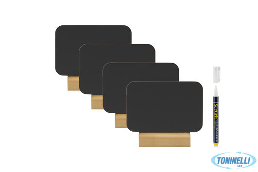 Securit  Set Da 4 Lavagnette Da Tavolo Rettangolari, Base In Legno Cm 9X7,5X2 Co