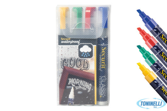 Securit  Set 4 Pennarelli A Gesso Liquido Resistenti All'Acqua, Punta Media 2-6