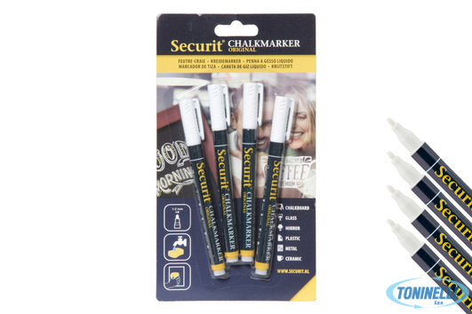Securit  Set 4 Pennarelli A Gesso Liquido, Punta Fine 1-2 Mm, Colore Bianco In B