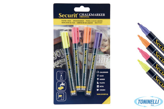 Securit  Set 4 Pennarelli A Gesso Liquido, Punta Fine 1-2 Mm, Colori Tropicali