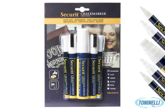 Securit  Set 5 Pennarelli A Gesso Liquido, 2 Punta Fine 1-2 Mm, 2 Punta Media 2-