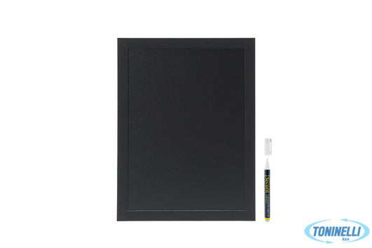 Securit  Woody - Lavagna Da Parete Nera Con Cornice Nera Cm 30X40 Con 1 Pennarel